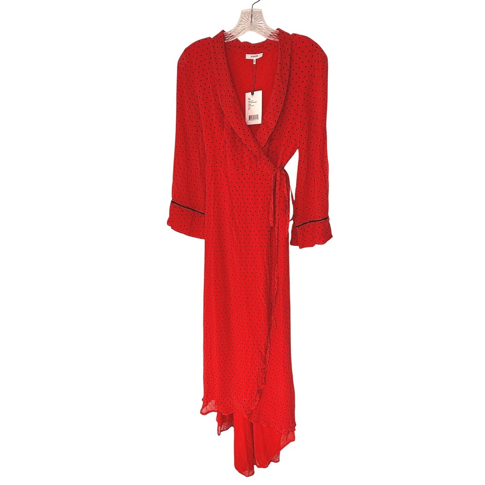 Ganni Mullin Georgette Wrap Midi Dress Color Fiery Red Black Polka Dot Size 4